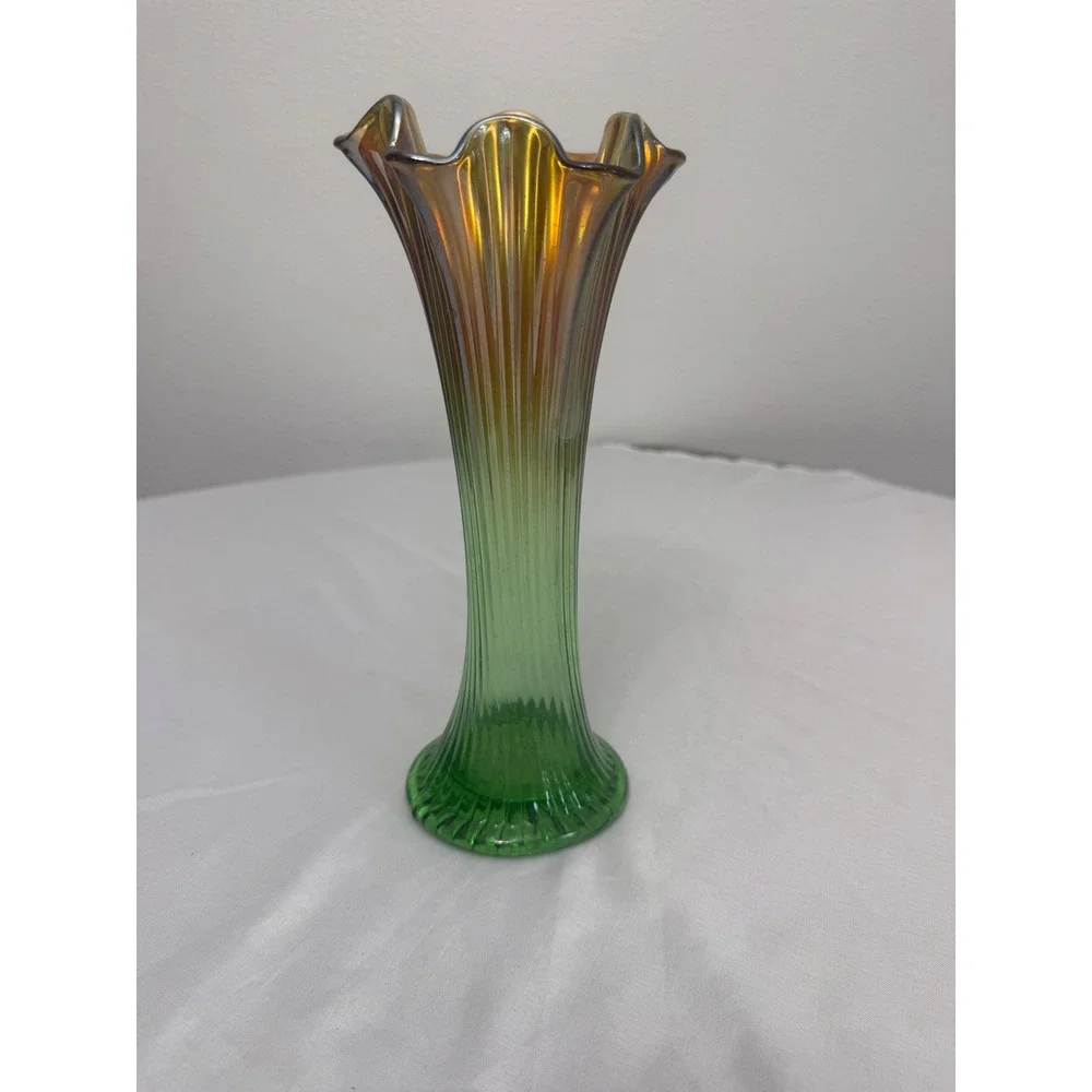 Vintage Green Iridescent Carnival Glass Swung Vase Ruffled Rim 10 Inch